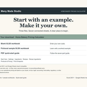 May include: A digital product interface for a Home Bakery Pricing Calculator by Many Made Studio. It features a dark header, a light background, and text detailing three files: a blank XLSX workbook, a fictional sample, and a PDF quick-start guide.
