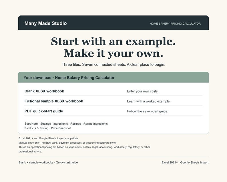 May include: A digital product interface for a Home Bakery Pricing Calculator by Many Made Studio. It features a dark header, a light background, and text detailing three files: a blank XLSX workbook, a fictional sample, and a PDF quick-start guide.