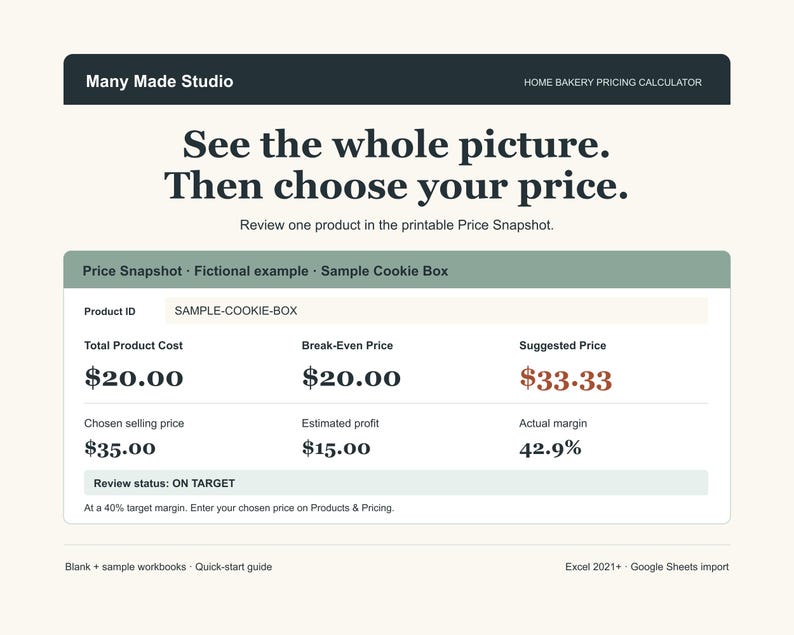May include: A digital home bakery pricing calculator interface by Many Made Studio. The screen displays text including See the whole picture. Then choose your price. It features a Price Snapshot table for a sample cookie box with financial data.