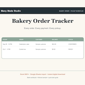 May include: A digital Bakery Order Tracker spreadsheet template by Many Made Studio. The interface features a dark header, a sage green table with columns for pickup, order, customer, balance, and status, and footer text for Excel 2021+ and Google Sheets.