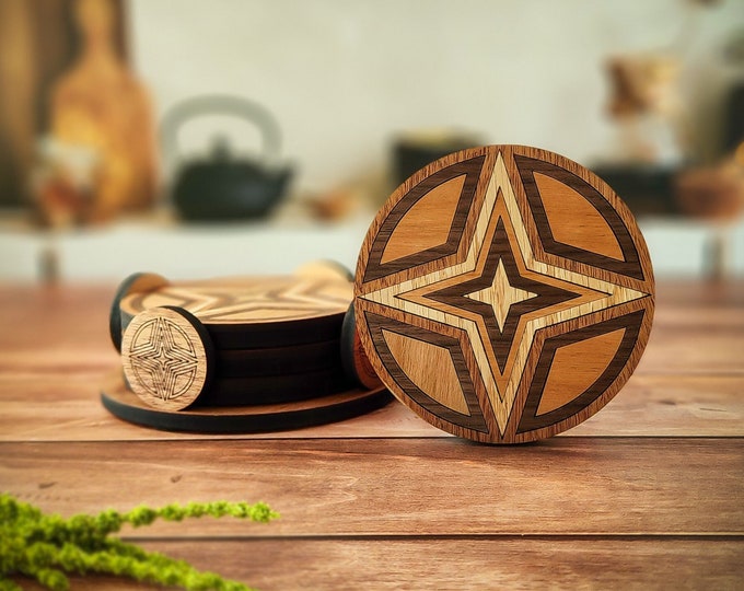Star Inlay Wood Coaster Set With Holder