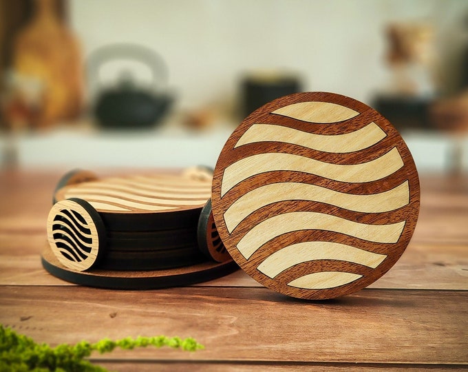 Wood Inlay Coaster Set With Holder