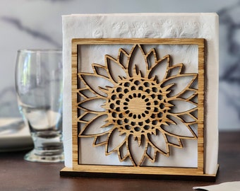 Sunflower Napkin Holder, Rustic Wood Farmhouse Napkin Holder For Table, Sunflower Decor, Mothers Day Gift From Grandkid, Leo Birthday Gift