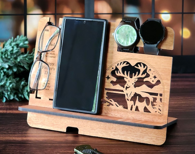 Customizable Nightstand Organizer For Men, Watch Holder Stand, Fathers Day Gift From Kids, Wood Phone Holder For Desk, Personalized Dad Gift