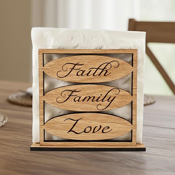Faith, Family And Love Engraved Wood Napkin Holder