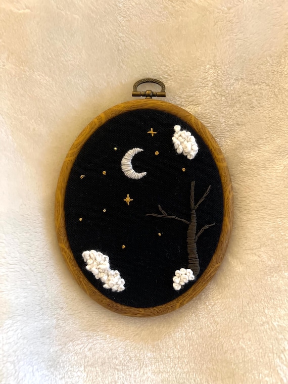 6” Hand Embroidered Wall Art Moon beads night sky embroidery