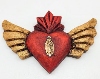 Handmade Wood Mini Heart w/ Guadalupe Milagro