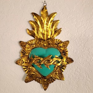 Turquoise Tin Heart w/ Thorns & Flame