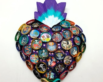 Handmade Day of the Dead Bottlecap Wood Heart