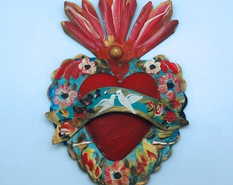 Mexican Tin Heart w/ Flame & Dove