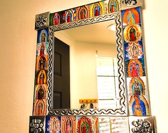 Guadalupe Mexican Folk Art Mirror, 15"x17"