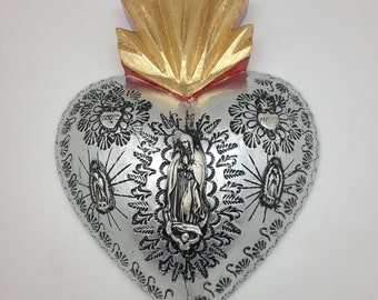 Etched Tin Over Wood Heart w/ Milagros