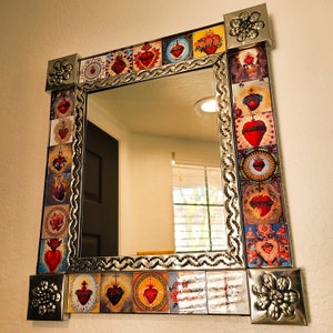 Sacred Heart Mexican Folk Art Mirror, 15"x17"