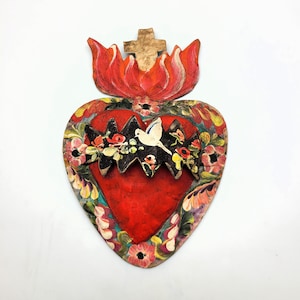 Mexican Tin Heart w/ Flame & Dove