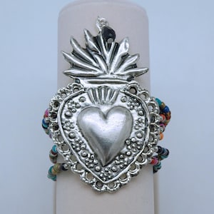 Multi-Colored Beaded Bracelet w/ Large Flaming Heart