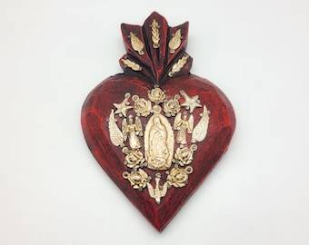 Hand Painted Wood Heart with Milagros