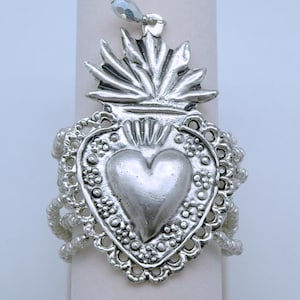 Silver Beaded Bracelet w/ Large Flaming Heart