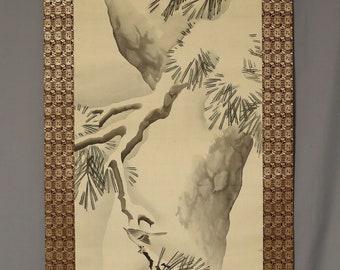 Old pine tree and bush warbler in the snow - Signed 'Keibun' 景文,and with seal Maekawa  -Shishu - Maekawa Bunrei (1837-1917)