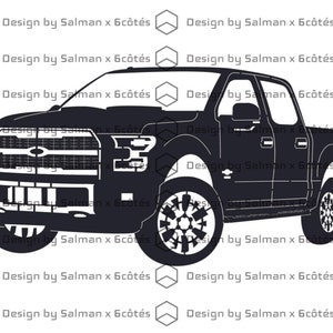 Peut inclure: Silhouette noire et blanche d'un pick-up. Le camion a une grande calandre avec des barres horizontales et un grand pare-chocs rectangulaire. Le camion a une cabine double et une benne courte.