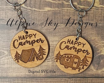 Happy Camper Keychain SVG | Happy Camper SVG File | Glowforge Keychain Files | Camping Keychain SVG | Camper Keychain Svg Bundle Laser File