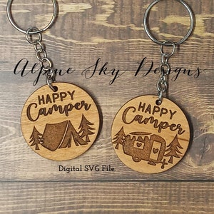 Happy Camper Keychain SVG | Happy Camper SVG File | Glowforge Keychain Files | Camping Keychain SVG | Camper Keychain Svg Bundle Laser File