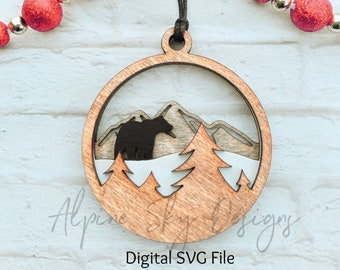 Bear Ornament SVG For Glowforge | Bear Ornament Laser Cut SVG | Christmas Ornament Svg | Glowforge Christmas Ornaments Svg Files Mountains