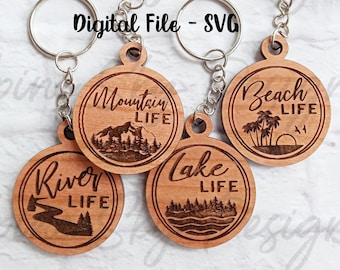 Glowforge Keychain File | Glowforge Keychain SVG Files | Laser Keychain SVG | Laser Files Keychains | Keychain SVG Round | Lake | Mountains