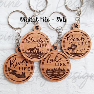 Glowforge Keychain File | Glowforge Keychain SVG Files | Laser Keychain SVG | Laser Files Keychains | Keychain SVG Round | Lake | Mountains