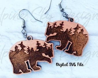 Engraved Bear Earrings SVG | Bear Earring File | Mountain Earring SVG | Glowforge Earring Files | Laser Earring Files | Glowforge Earrings