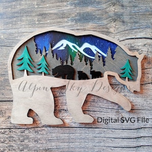 3 Layered Bear SVG File | Bear SVG Files | Bear Forest Svg | Glowforge Files | Bear Mountain Svg | Layered Laser Cut Files | Bear Svg Trees
