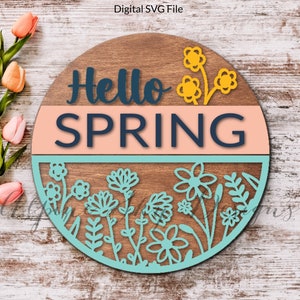 Hallo Frühling Zeichen SVG | Frühling Glowforge Dateien | Hallo Frühling Türschild SVG | Frühling Willkommensschild | Blumen-Schild-Svg Laser-Dateien Rund