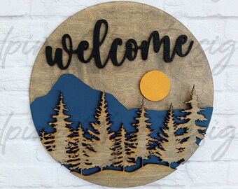 Welcome Laser File SVG | Glowforge Welcome Signs | Laser Cut Welcome Sign W/ Trees | Glowforge Mountain Scene | Laser Mountain Scene | SVG
