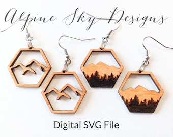 Mountain Hexagon Earrings SVG | Hexagon Earring SVG | Mountain Earrings SVG Glowforge | Glowforge Earring Files | Laser Earring Svg Bundle
