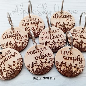 Inspirational Keychain SVG Bundle | Motivational Keychains SVG | Wristlet Svg | Round Keychain Svg | Glowforge Keychain Files | Floral Svg