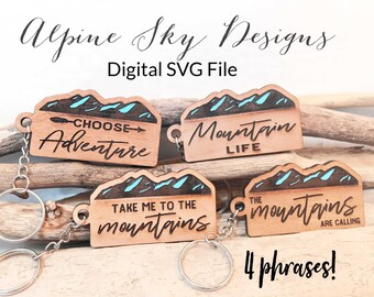 Mountain Keychains SVG | Glowforge Keychain SVG Files | Adventure Key Chain Svg | Keychain Laser Files | Glowforge Keychain Svg Bundle