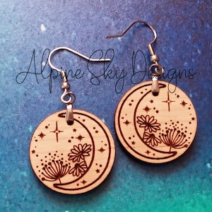 Floral Moon Earrings SVG | Celestial Earring SVG | Moon And Star Earrings SVG | Glowforge Earring Files | Laser Earring Svg | Floral Moon
