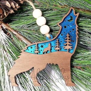 Wolf Ornament SVG | Wolf Christmas Ornament SVG Files | Glowforge Ornament Files | Mountain Ornament SVG Laser | Layered Wolf Svg Ornaments