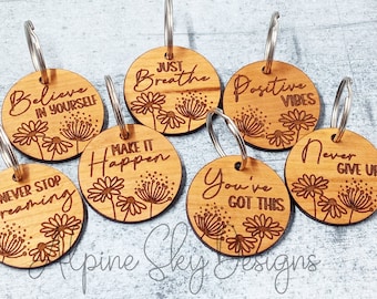 Glowforge Keychain SVG Bundle With Sayings | Motivational Positive Keychains SVG Round Wristlet Keychain Svg Files Laser Floral Wristlet Svg