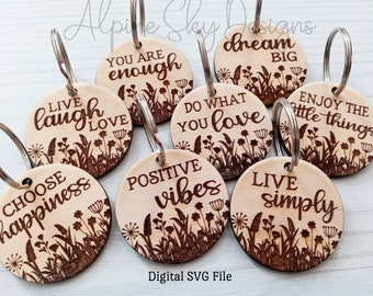 Inspirational Keychain SVG Bundle | Motivational Keychains SVG | Wristlet Svg | Round Keychain Svg | Glowforge Keychain Files | Floral Svg