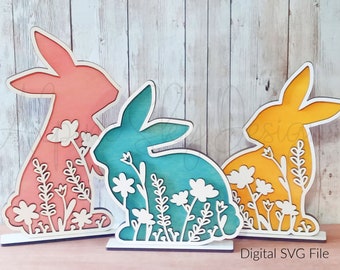 1/8 Floral Bunnies SVG | Standing Bunnies SVG File | Glowforge Easter Files | Bunny SVG Bundle | Standing Bunny Svg Laser | Easter Svg File