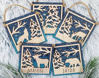 Square Christmas Ornament SVG Bundle Glowforge Ornament Files Forest Christmas Ornaments Svg Bundle Bear Deer Moose Wolf Ornament Svg Laser