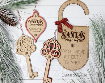May include: Three wooden Christmas ornaments with a Santa's Magic Key theme. One ornament is a red and white heart-shaped ornament with the text "Santa's Magic Key" and "For our home without a chimney". Another ornament is a key-shaped ornament with a red and white plaid design. The third ornament is a key-shaped ornament with a scroll design. All three ornaments have snowflakes on them.