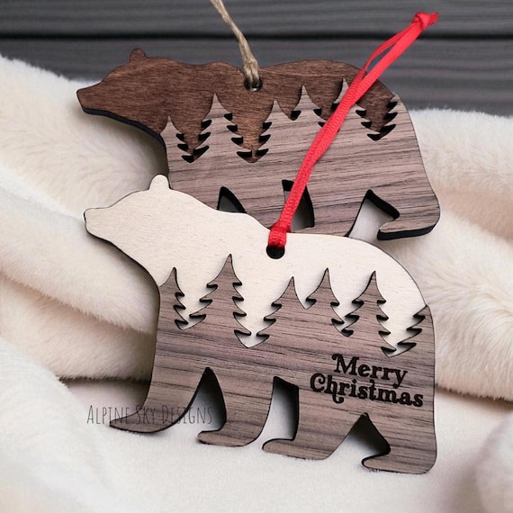 Bear Ornament SVG Merry Christmas Ornament SVG Bear Christmas Ornament SVG File Glowforge Laser Layered Ornaments Svg Bears Forest Ornament