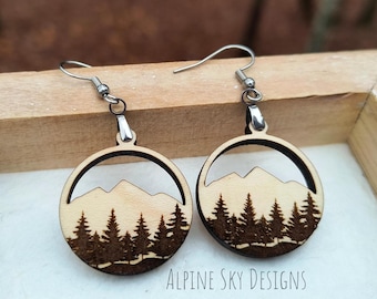 Boucle d&#39;oreille montagne SVG | Fichier découpé au laser de boucle d&#39;oreille montagne | Lime pour boucles d&#39;oreilles Glowforge | Boucles d&#39;oreilles montagne rondes SVG | Fichiers SVG forêt montagne