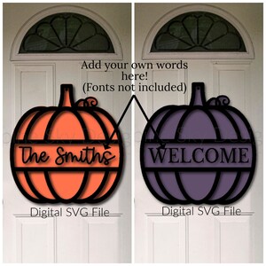 Puede incluir: Dos archivos SVG digitales para un colgador de puerta de calabaza. La primera calabaza es naranja y dice "The Smiths". La segunda calabaza es morada y dice "WELCOME".