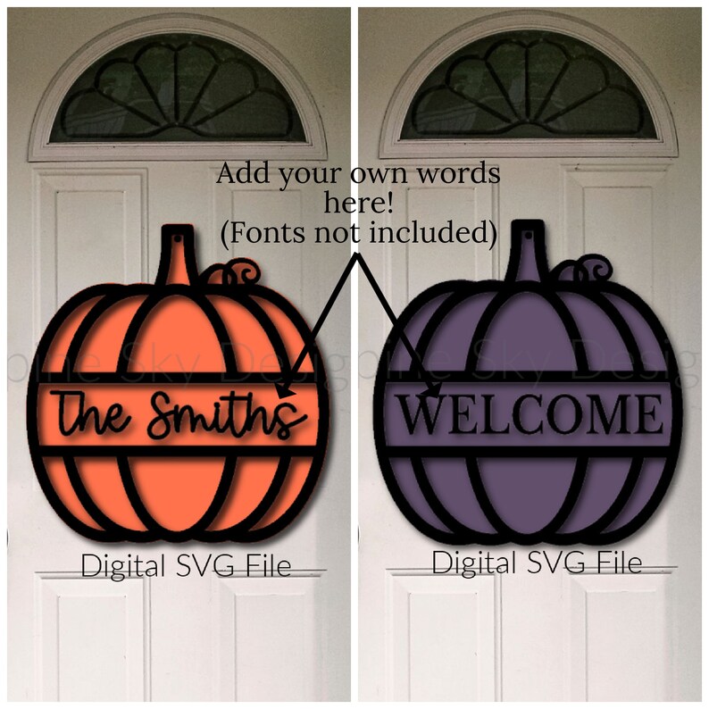 Puede incluir: Dos archivos SVG digitales para un colgador de puerta de calabaza. La primera calabaza es naranja y dice "The Smiths". La segunda calabaza es morada y dice "WELCOME".