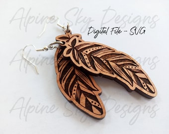 Feather Earrings SVG | Feather Earring SVG | Glowforge Earring Files | Laser Earring Files | Boho Earrings SVG | Boho Earring Svg Laser Cut