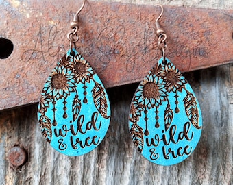 Wild And Free Earrings SVG Boho Earrings SVG Glowforge Files Wild And Free SVG Sunflower Earring Svg Feather Earring Svg Teardrop Feathers