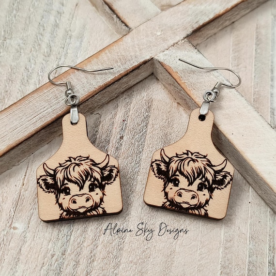 Highland Cow Earring SVG Glowforge Highland Cow Earrings For Laser Cow Tag Earrings Highland Cow SVG Laser Glowforge Files Cows Western