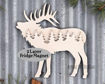 Elk Fridge Magnet SVG For Glowforge Laser Elk Magnet SVG File Layered Forest Elk Svg